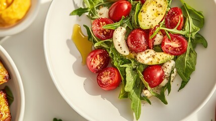 Fresh vegetable salad with tomatoes, healthy organic food. Aesthetic food photography.