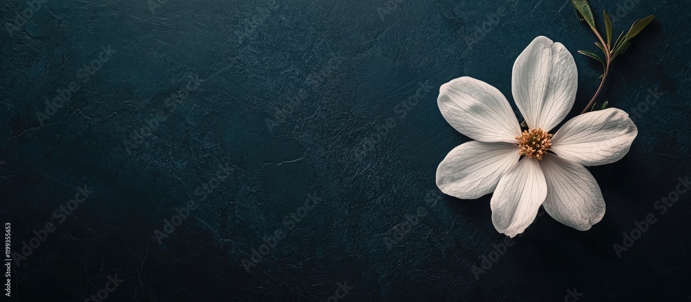 Poster elegant white flower in bloom on deep teal background with dramatic shadows and ample copy space for