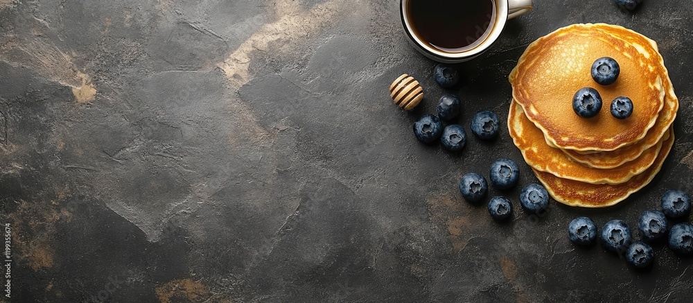 Poster fluffy pancakes topped with blueberries and honey served with coffee, overhead view with empty area 