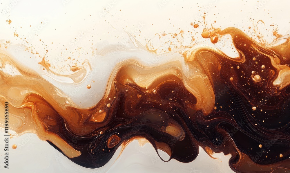 Poster abstract swirling liquid texture in warm tones of brown, orange, and cream creating a dynamic flowin