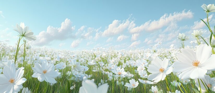 Expansive white flower field featuring lush green grass under a clear blue sky with drifting clouds, providing an idyllic landscape ready for text overlay.