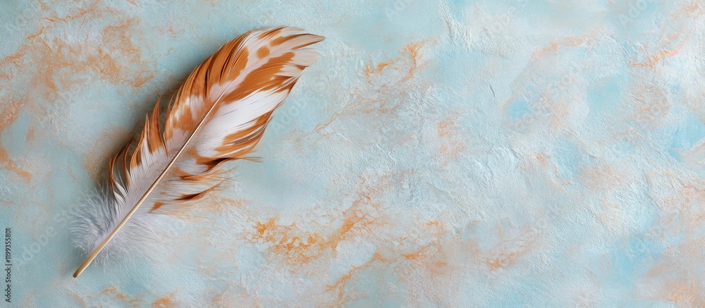 Poster feather with intricate patterns resting on a light blue marble background accented with amber hues, 