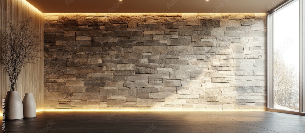 Poster neutral stone feature wall with concealed recessed lighting in modern interior setting featuring lar
