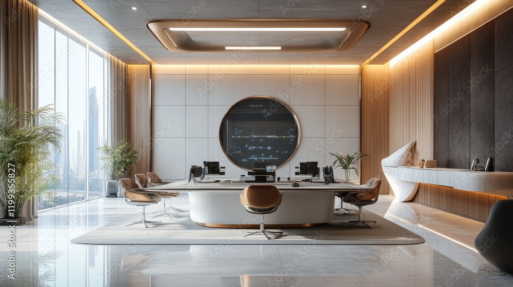 Poster futuristic command center, 3d rendering of a conference room with advanced tech and a sleek, modern 