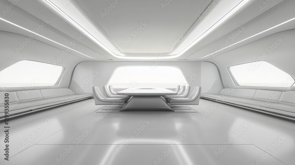 Poster futuristic command center, 3d rendering of a conference room with advanced tech and a sleek, modern 