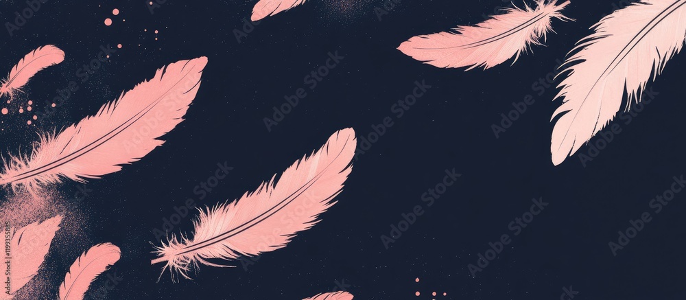 Poster pink and white feathers on dark blue background with empty text space for bohemian style design and 