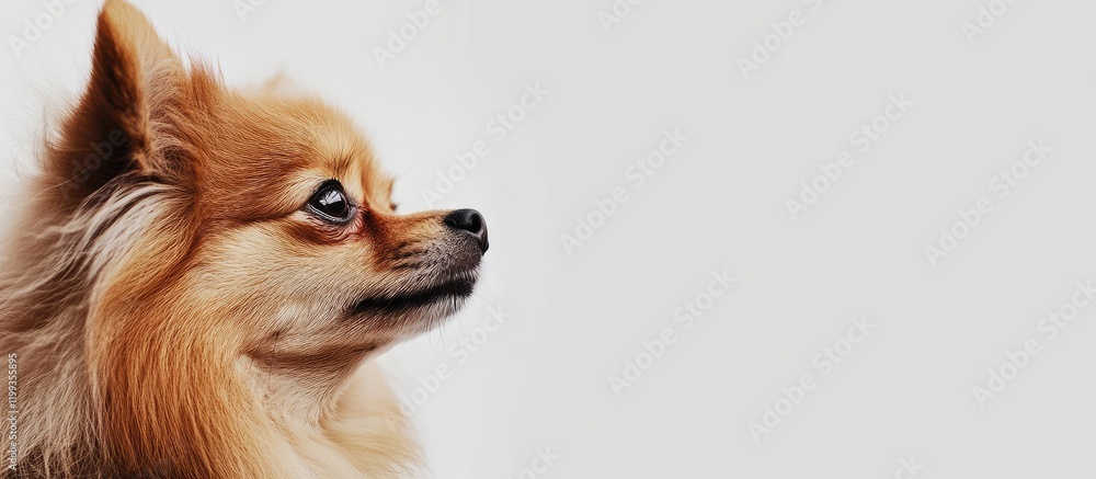 Poster close up profile of fluffy pomeranian dog on clean white background with empty copy space for text i