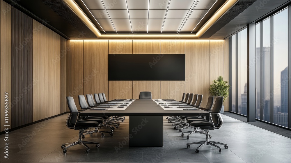 Poster futuristic command center, 3d rendering of a conference room with advanced tech and a sleek, modern 