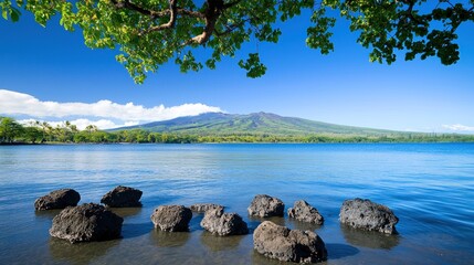 Tropical Lake with Volcanic Mountain