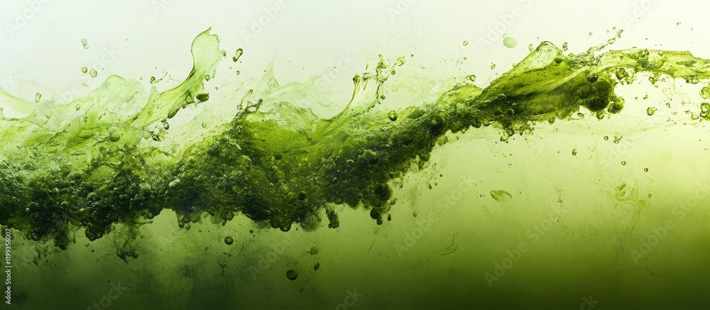 Aufkleber vibrant green expanding algae waves in soft focus with smooth water surface and light green backgrou