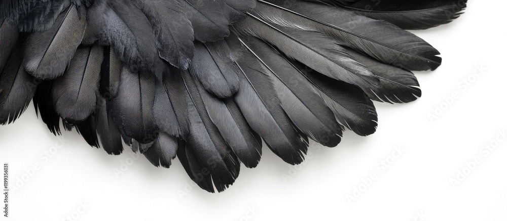 Poster close up of black ruffled chicken feathers isolated on white background with copyspace for text feat