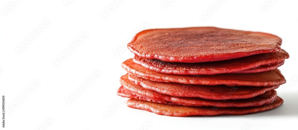 Poster fluffy red pancake stack on white background with negative space for text, vibrant color, top view, 