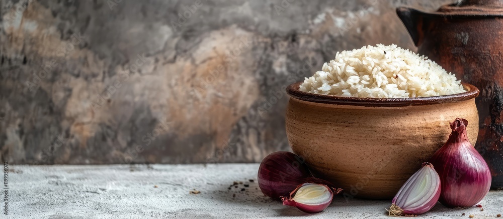 Poster fluffy white rice in a rustic wooden bowl accompanied by red onions near an earthenware pot on a tex