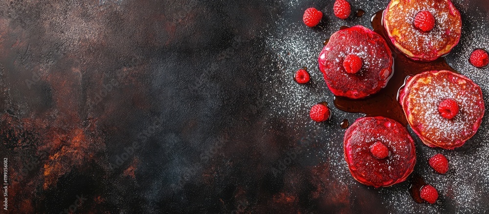Poster raspberry pancakes topped with syrups and berries on a dark textured surface with space for text or 
