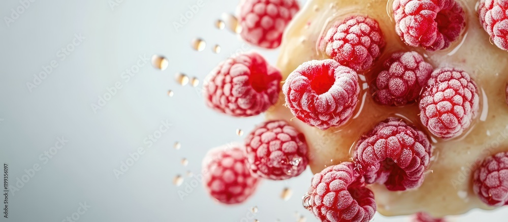 Poster raspberry pancakes topped with maple syrup against a light background, empty space for text