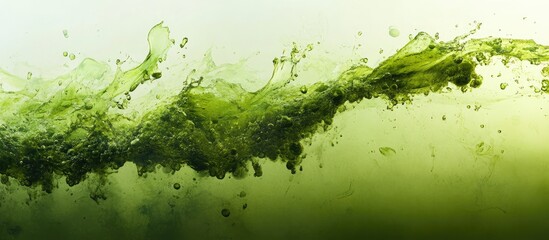 Vibrant Green Expanding Algae Waves in Soft Focus with Smooth Water Surface and Light Green Background Ideal for Text Overlay