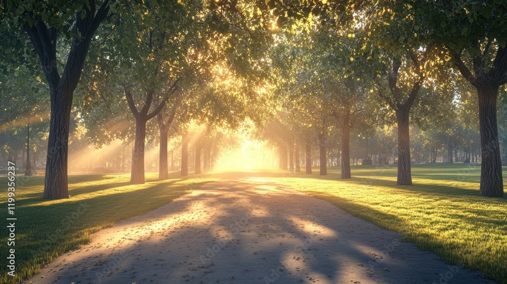 Poster sunlight filters through trees in a serene park during golden hour near a quiet pathway. generative 