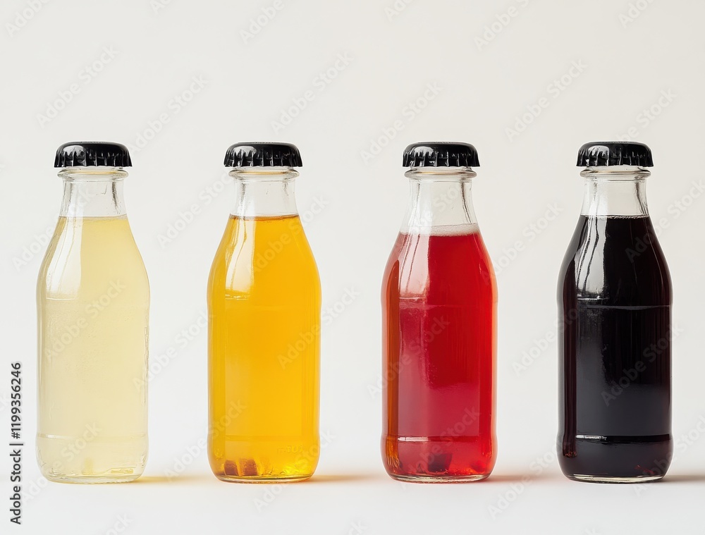 Poster assorted bottled drinks of different colors – refreshing beverages in clear glass containers display