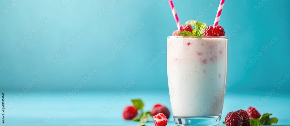 Poster refreshing raspberry smoothie in a clear glass with straws on a vibrant blue background with fresh m