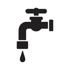 A simple black silhouette of a water faucet with a single drop of water dripping from the spout