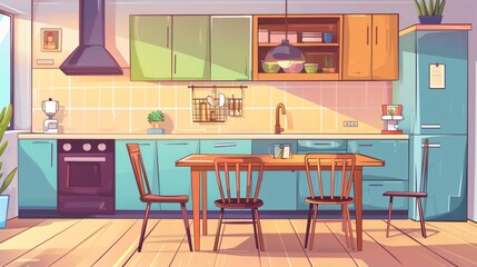 Modern Stylish Kitchen Interior with Dining Table and Chairs