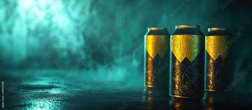 Poster three energy drink cans in golden and black design with neon blue background fog and selective focus