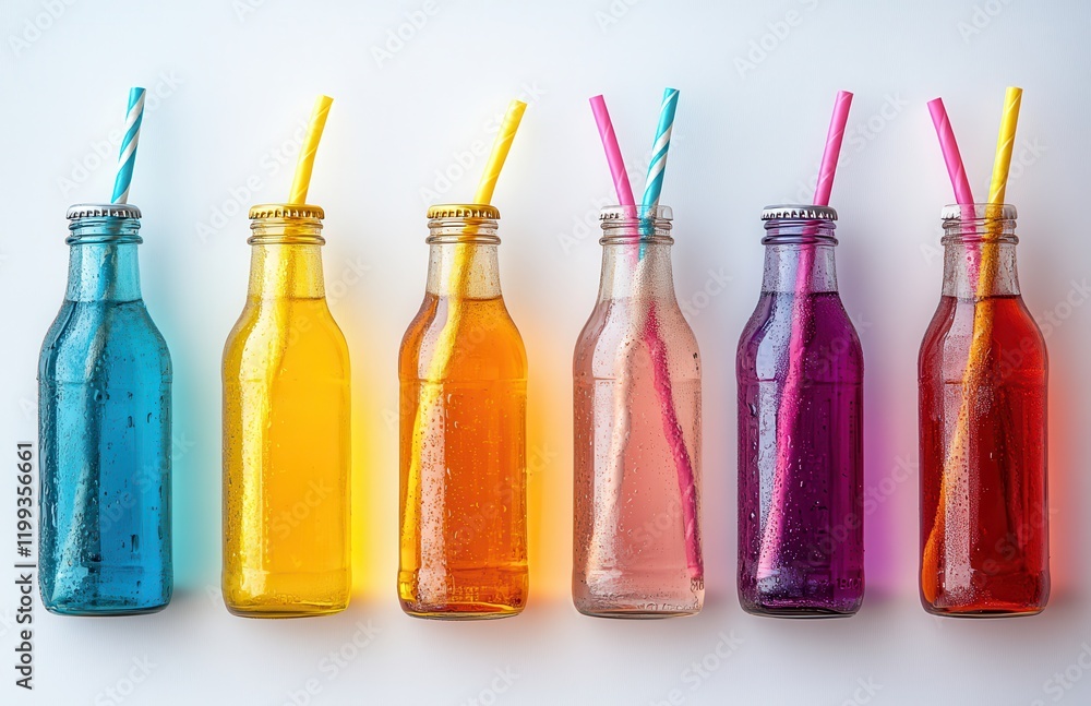 Poster assorted colorful drinks in glass bottles with straws displayed in a row against a light background,