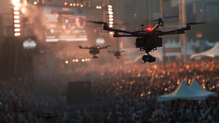 At a bustling festival, drones aid police in scanning the crowd, detecting unusual behavior and maintaining a secure environment through constant real-time observation.
