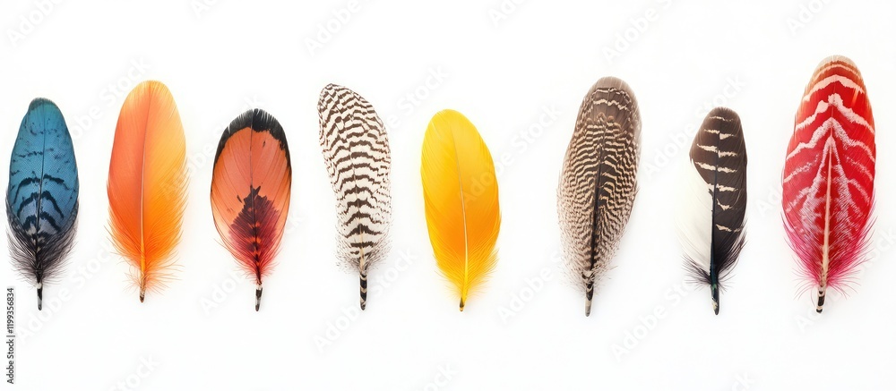 Poster vibrant colorful feather collection isolated on bright white background with clear copy space for te