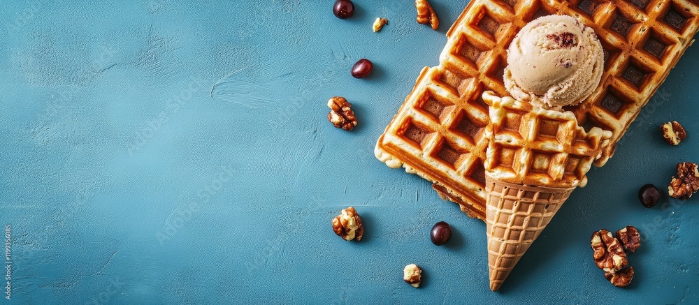 Poster waffles topped with a scoop of ice cream on a blue surface, surrounded by nuts and coffee beans, wit