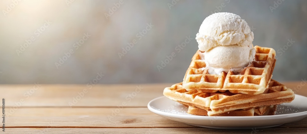 Aufkleber fluffy golden waffles atop a white plate with a scoop of vanilla ice cream on a rustic wooden table 