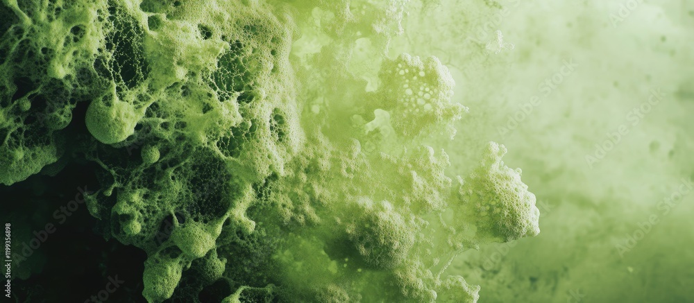 Poster vibrant green expanding algae organisms with abstract texture and ample space for text in aquatic en