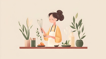 Female chef preparing ingredients, with a muted beige background