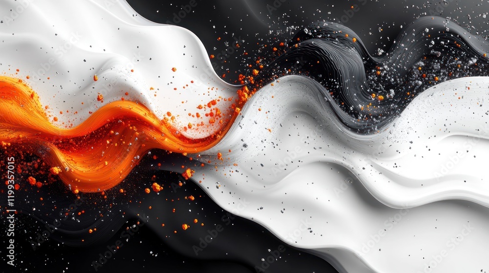 Poster vibrant orange, white, and black abstract waves create a dynamic visual experience in modern design.