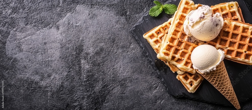 Poster waffles and ice cream cone on dark stone surface with empty space for text
