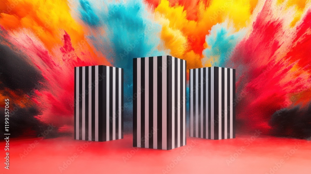 Poster vibrant abstract composition featuring striped structures with colorful smoke in a dynamic setting. 