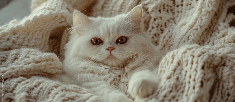 Poster curious fluffy white cat lying indoors on a cozy beige knit blanket with warm soft lighting creating
