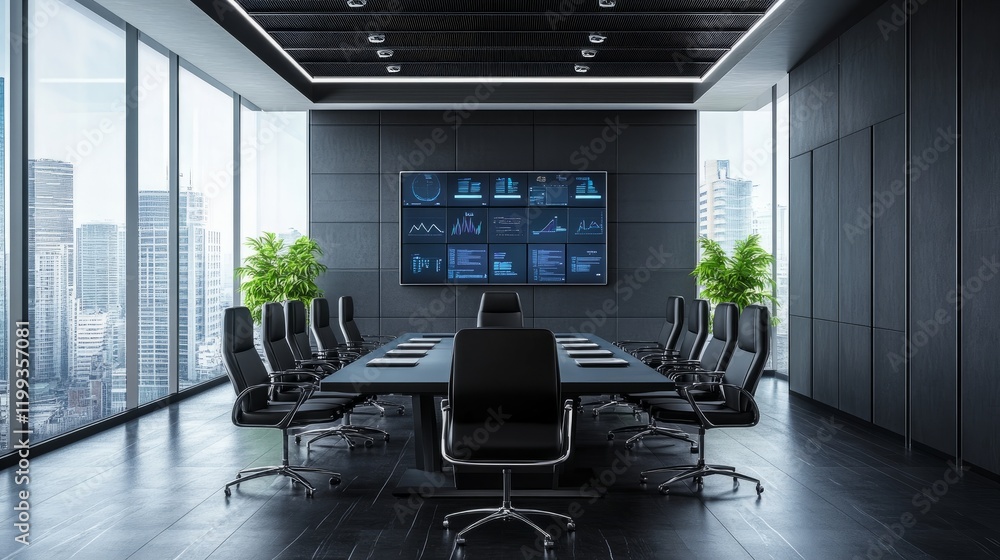 Poster futuristic conference room in a command center, 3d rendering showcasing advanced technology and a sl