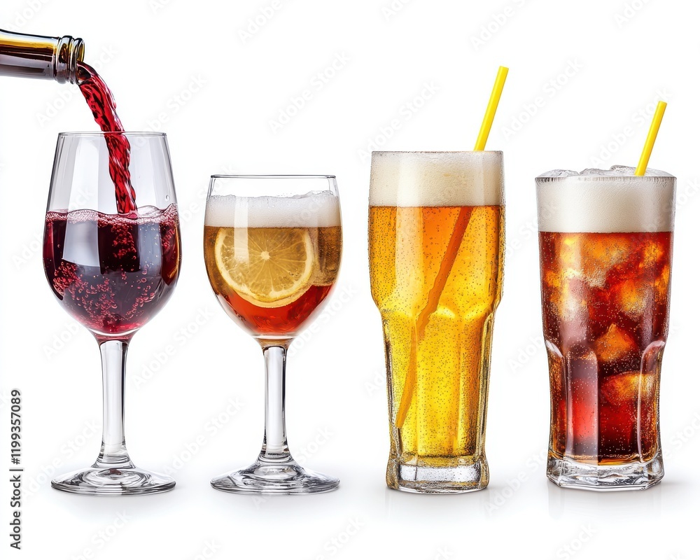 Poster assortment of refreshing beverages showcasing various drink styles in elegant glassware with colorfu