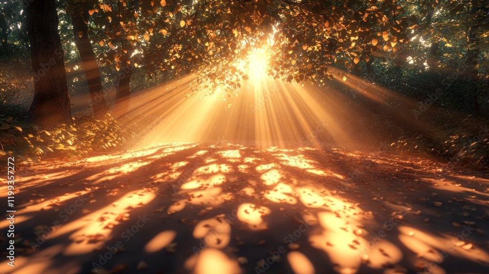 Poster light streams through trees illuminating a forest path during golden hour. generative ai