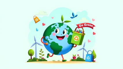 Fototapeta premium A cheerful Earth cartoon character promoting recycling and sustainability, holding a recycle bin with wind turbines, plants, and hearts in the background, symbolizing eco-friendly living.