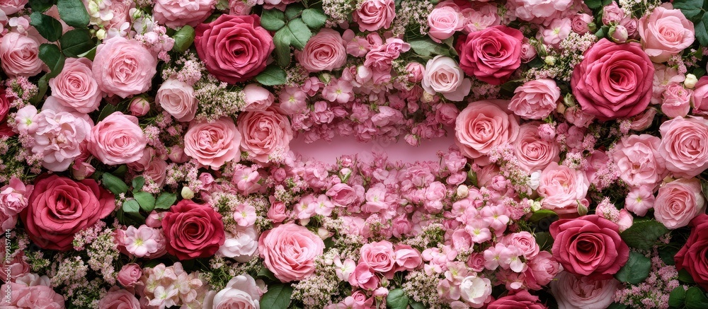 Poster elegant floral frame with pink roses and blooms from above featuring soft greenery and empty space f