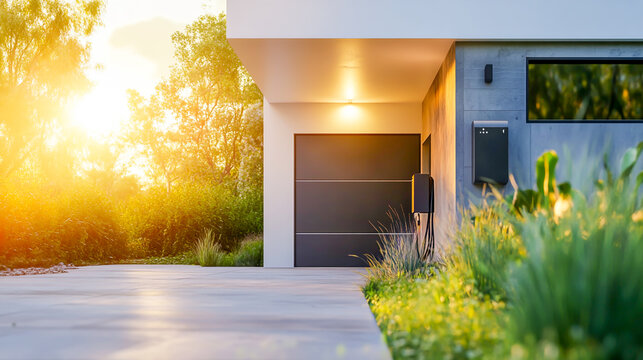 Concept of a home battery pack system for alternative electric energy storage, mounted on a modern home garage wall, serving as a backup power solution and promoting sustainable energy use