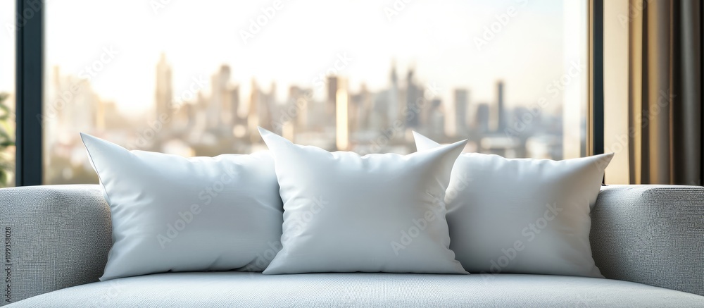 Poster white plush pillows arranged on cream sofa with urban cityscape view through large window and ample 