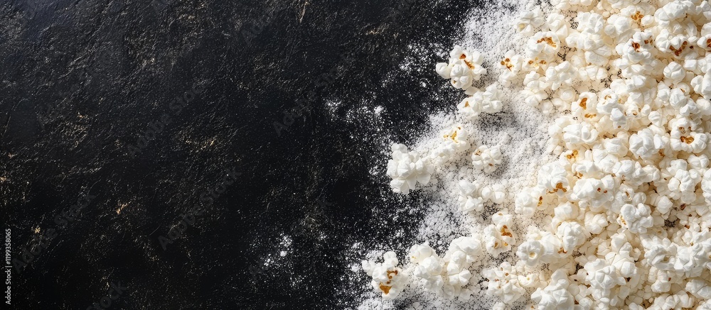 Poster fluffy white popcorn texture filling the lower corner of a dark black background with ample empty sp