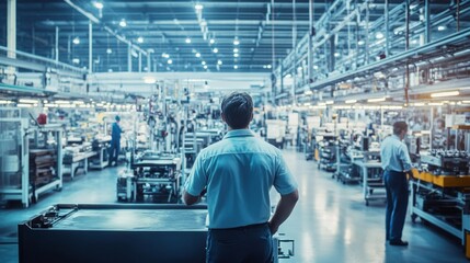 A production manager overseeing the manufacturing process on a factory floor, with assembly lines and workers in the background, Factory scene