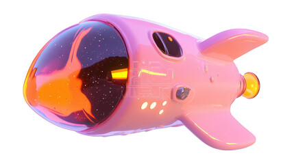 A whimsical pink rocket ship with a large bubble-like cockpit, glowing orange lights, and a space-themed design.