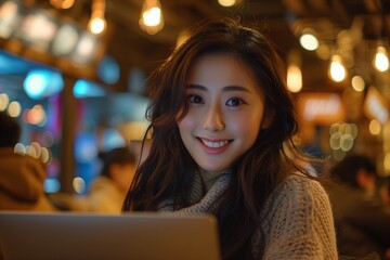 Obraz premium A young woman smiling joyfully while working on a laptop in a cozy cafe ambiance with warm lighting.