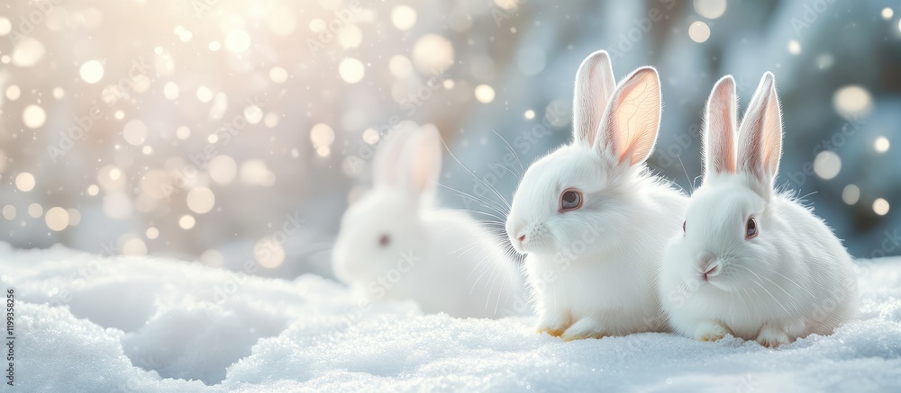 Poster fluffy white rabbits resting on soft snowy ground with blurry background bokeh effect for copy space