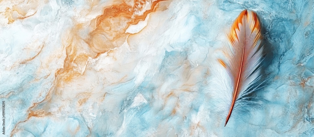 Poster feather resting on light blue and amber marble texture with spacious empty area for text, elegant na